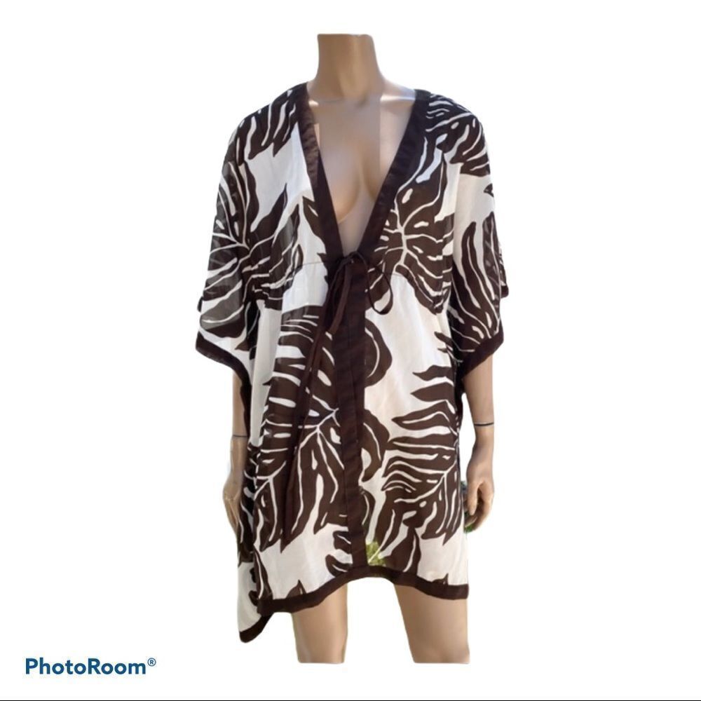 CZ Cover Ups White Brown Monstera Tie Front L